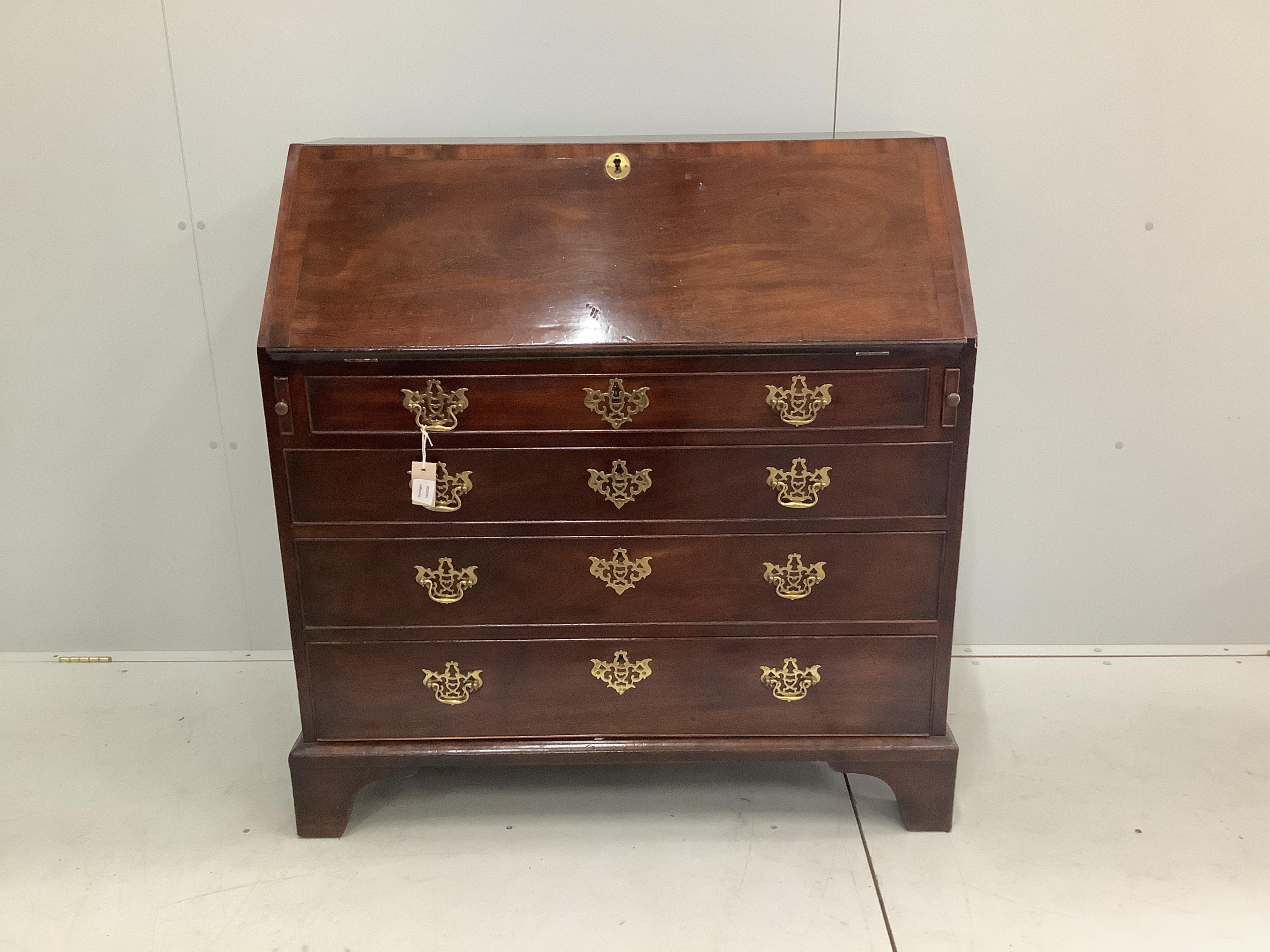 A George III mahogany bureau, width 102cm, depth 54cm, height 108cm. Condition - fair